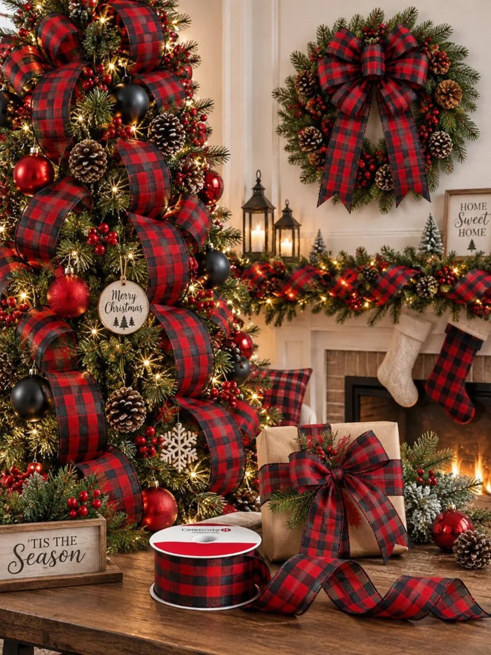 Celebrate It Red Black Buffalo Check Wired Ribbon 1.5in x 30ft Christmas NWT